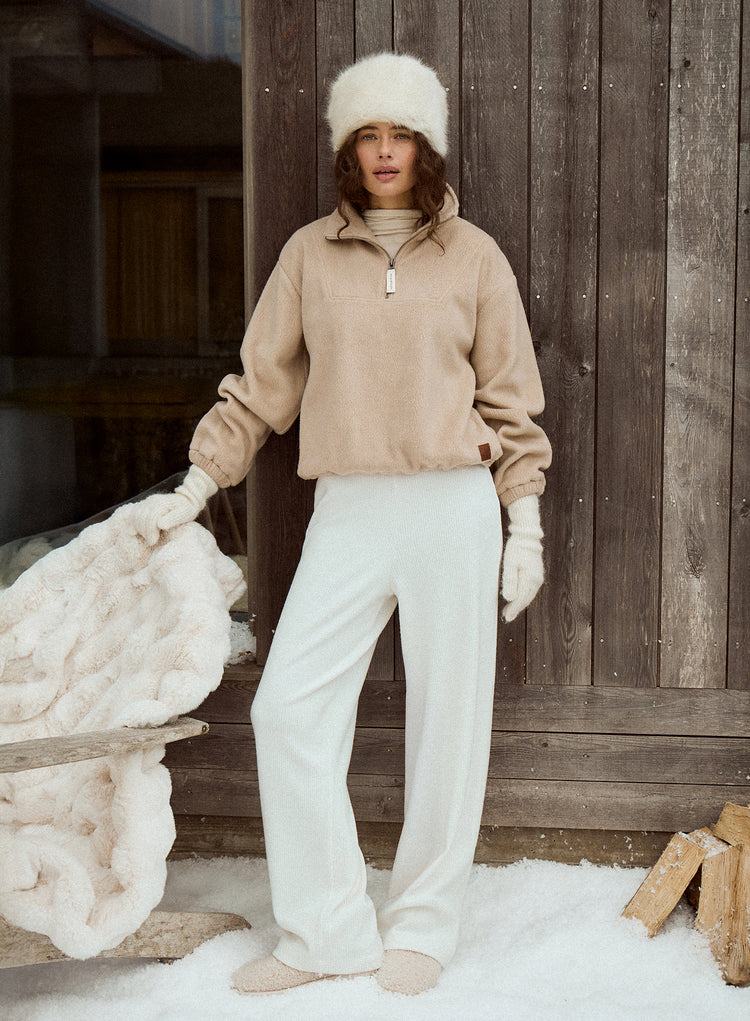 Beige Fleece Toggle Hem Collared Zip Sweatshirt