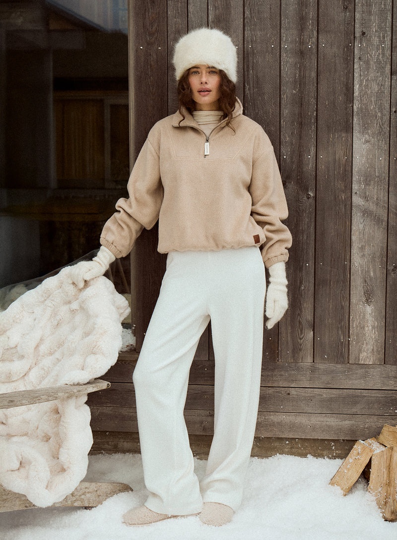 Beige Fleece Toggle Hem Collared Zip Sweatshirt