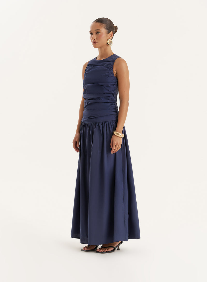 Navy Cotton Poplin Drop Waist Maxi Dress- Zendaya