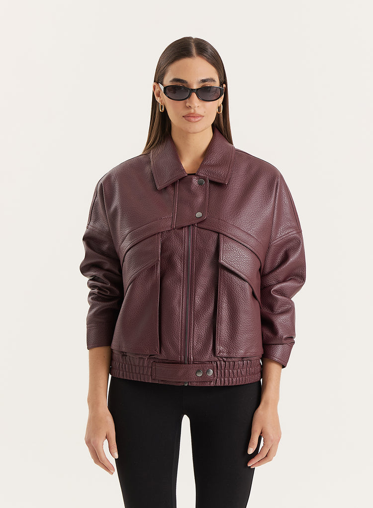 Burgundy Textured Faux Leather Cropped Jacket- Kerry