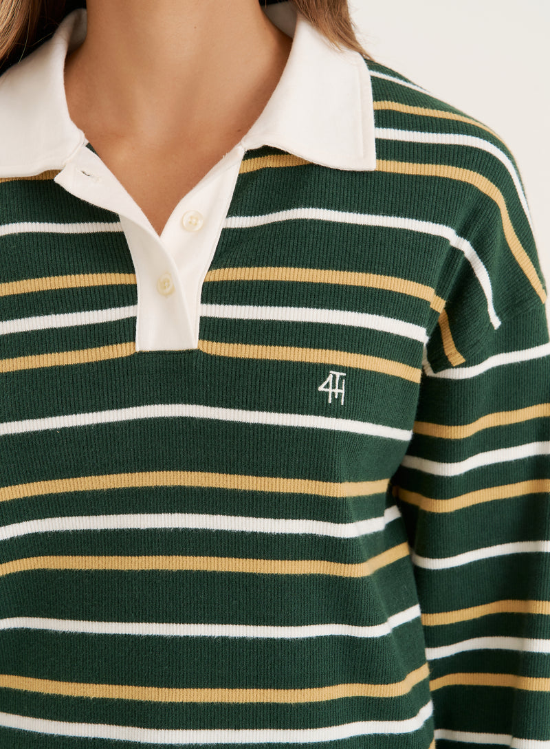 Green Striped Contrast Collar Rugby Top- Chelsea