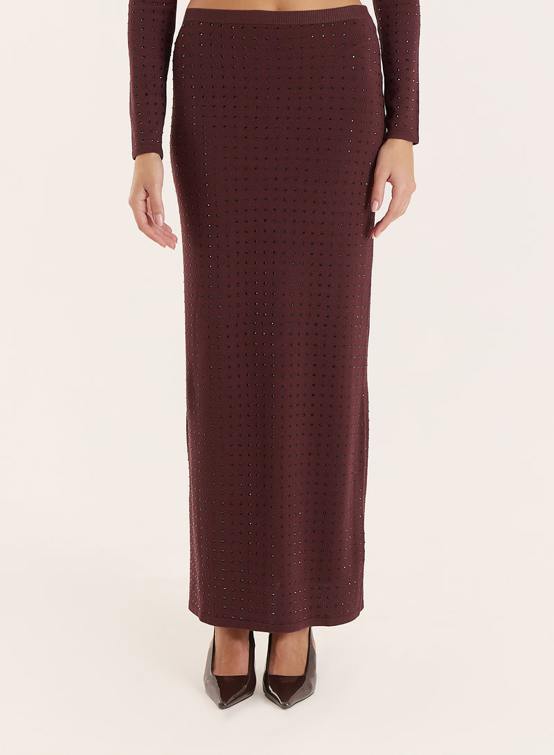 Chocolate Knitted Embellished Maxi Skirt- Zaya