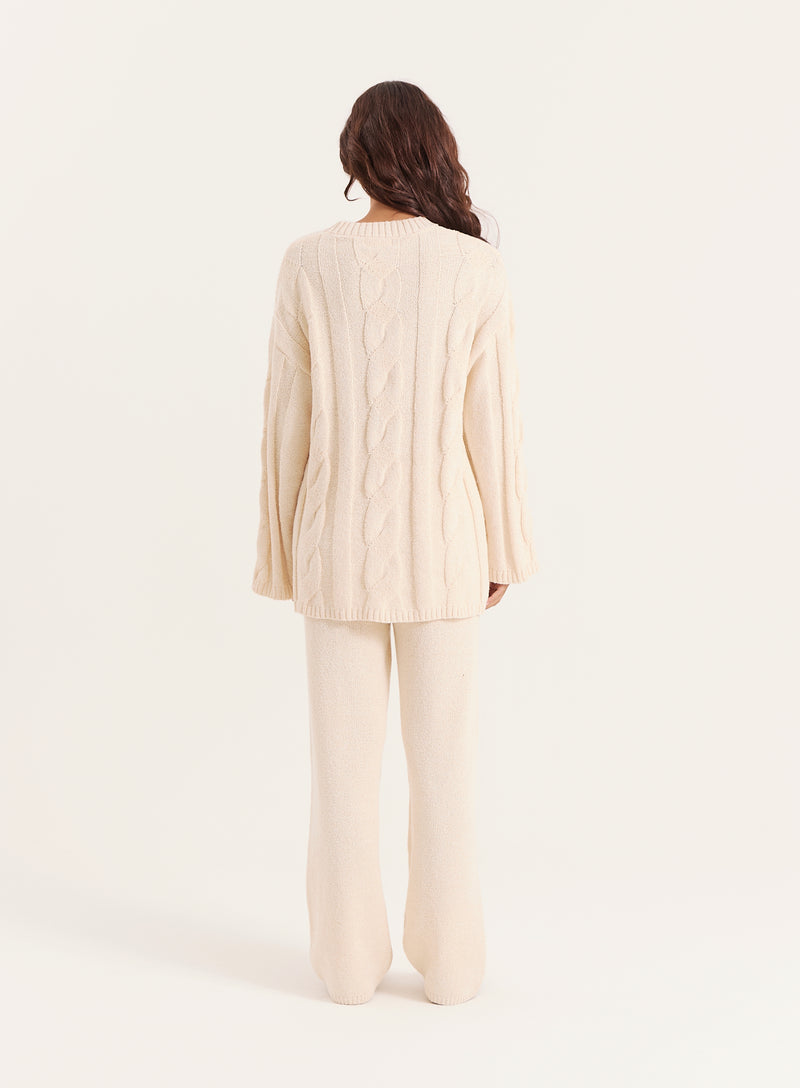 Ecru Fine Cable Knit Long Sleeve Top- Leonor