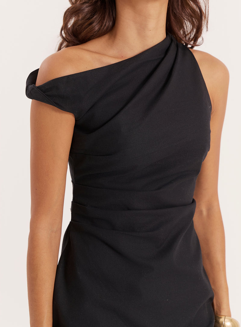 Black Linen Blend One Shoulder Mini Dress- Joy