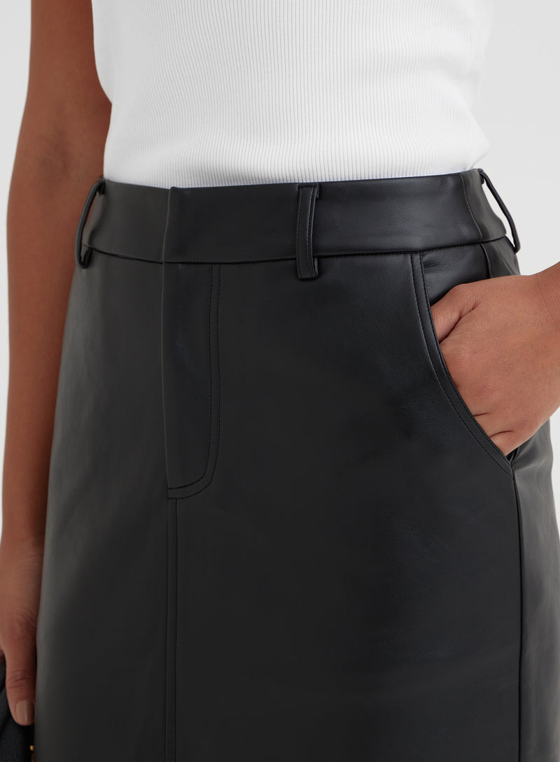 Black Split Front Faux Leather Midaxi Skirt - Nimah