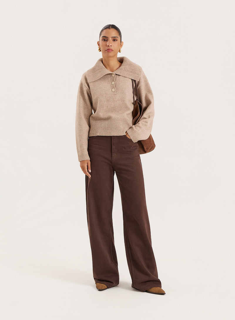 Beige Knitted Buttoned Collar Jumper- Eddie