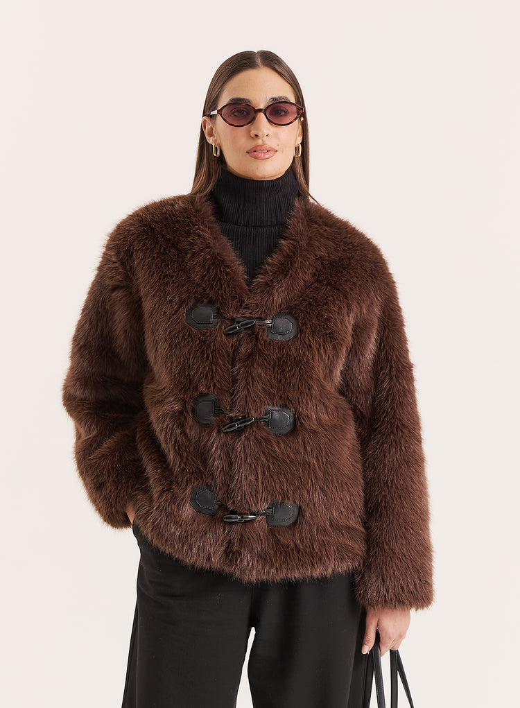 Brown Faux Fur Toggle Fastening Jacket- Jackie