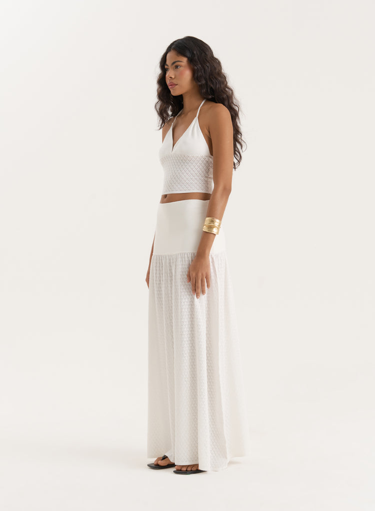 White Contrast Knit Drop Waist Maxi Skirt- Avani