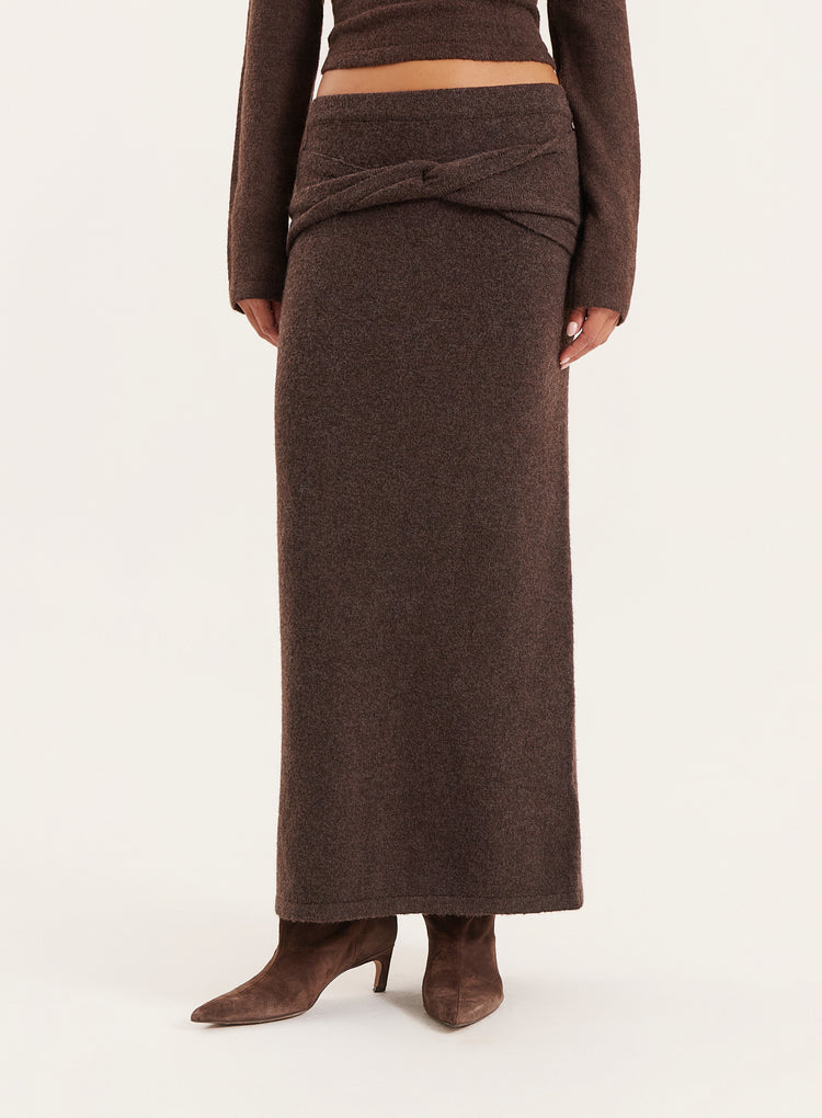 Chocolate Ruched Waist Knitted Maxi Skirt- Selene