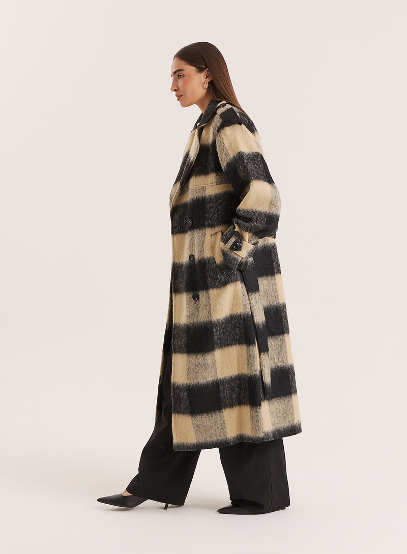 Black And Beige Wide-Checked Belted Trench Coat- Carey