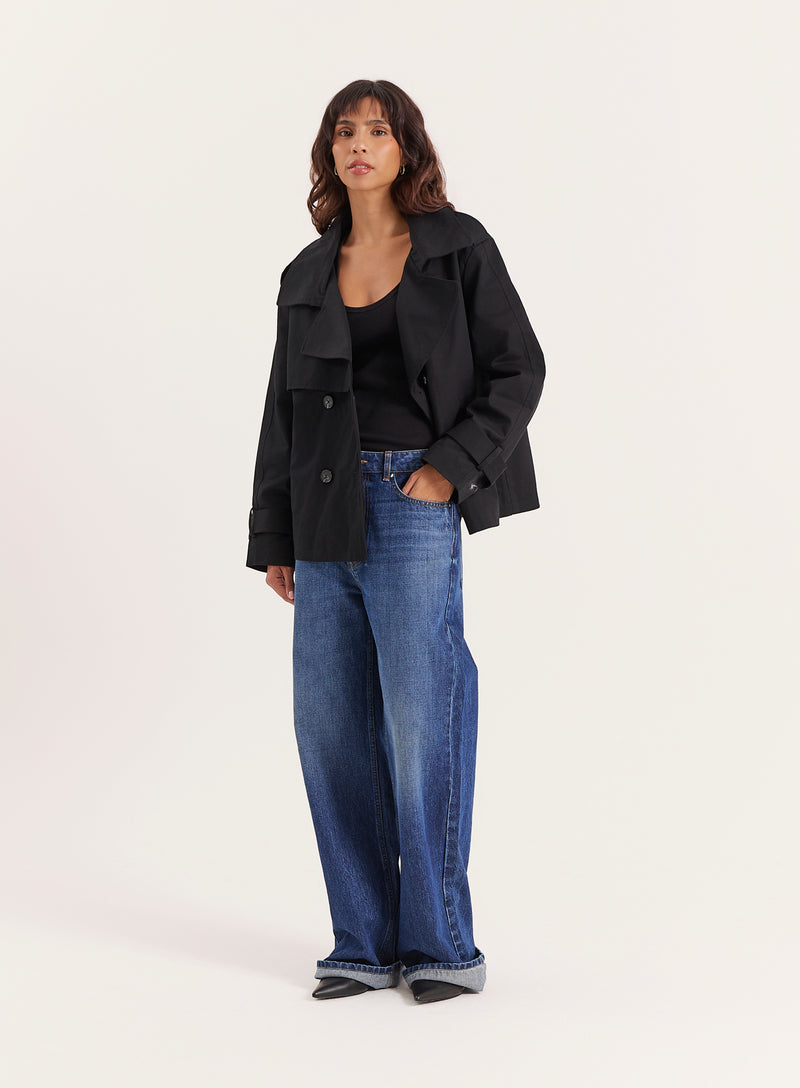 Black Cropped Oversized Trench Coat- Harlia