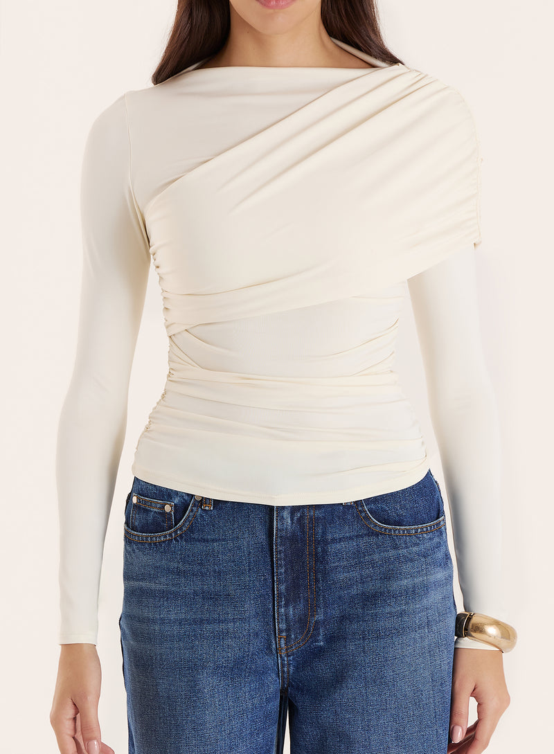 Off White Long Sleeved Drape Top- Cassian