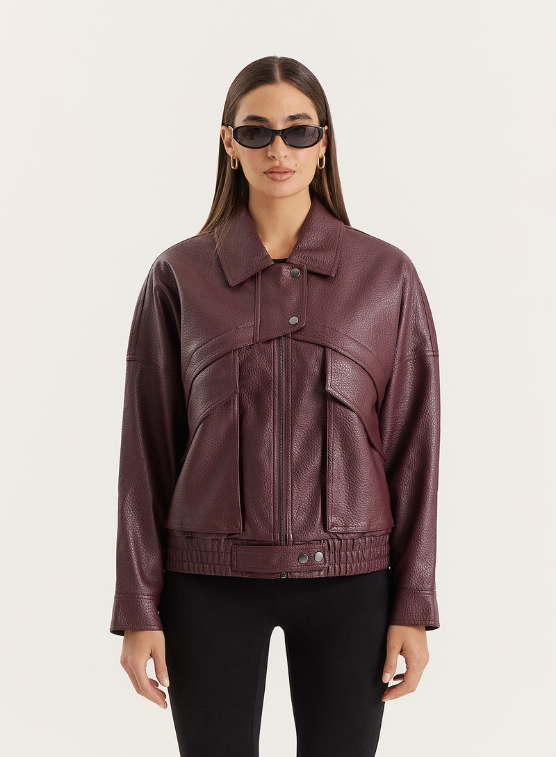 Burgundy Textured Faux Leather Cropped Jacket- Kerry
