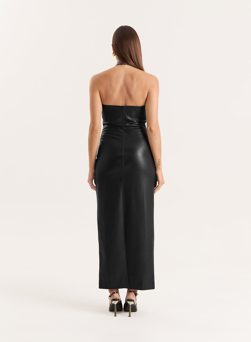 Black Faux Leather Halterneck Maxi Dress- Rhea