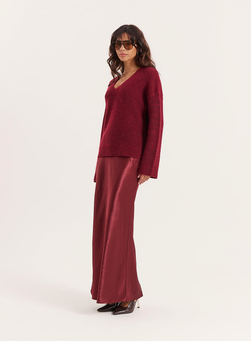 Burgundy Satin Maxi Skirt- Novah