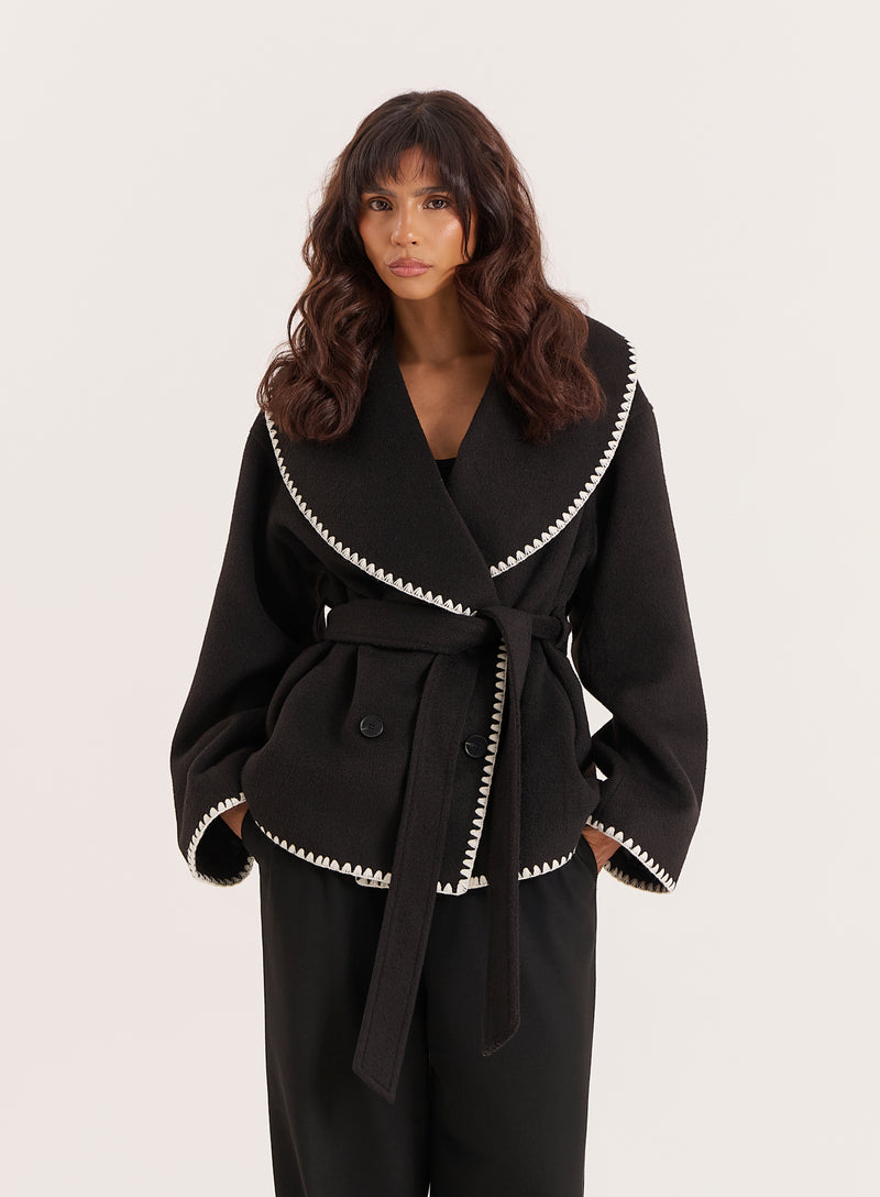 Black Contrast Stitch Belted Jacket