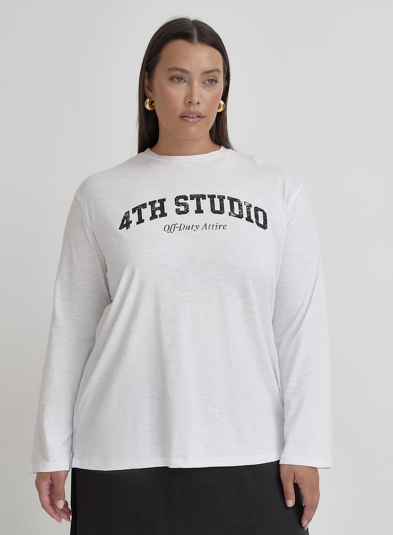 White Curve Long Sleeve 4th Studio Slogan Top- Tanna