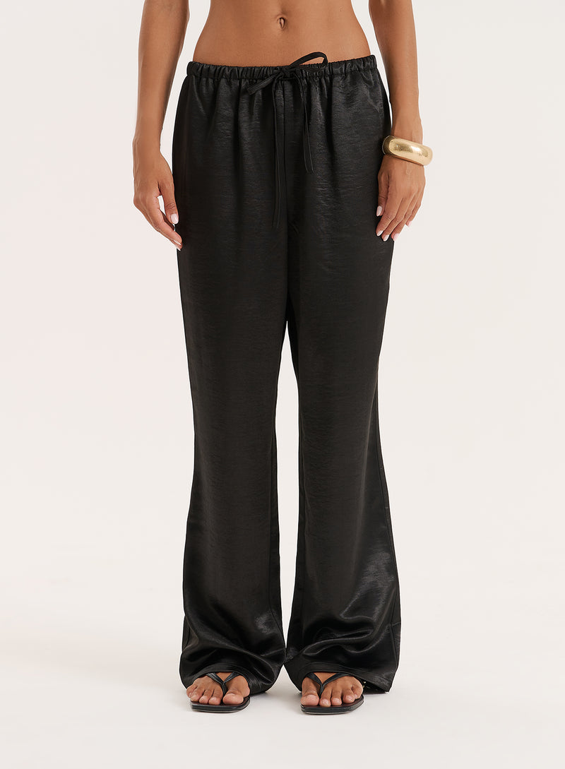Black Satin Tie Waist Wide Leg Trouser- Shelby