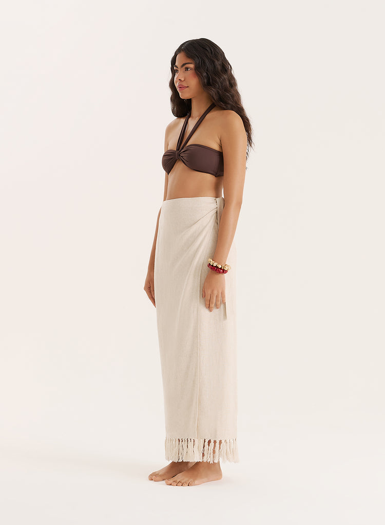 Ecru Linen Blend Fringe Trim Midi Skirt- Amey