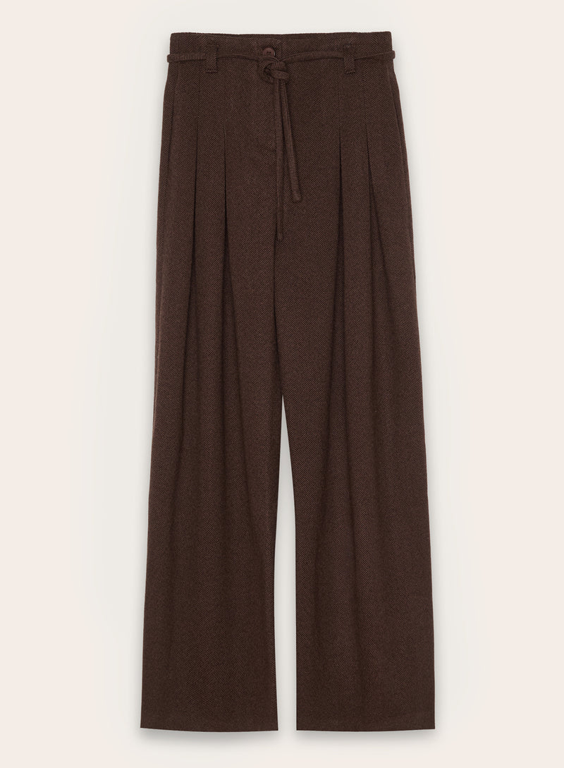 Chocolate Herringbone Tie Belt Wide Leg Trousers