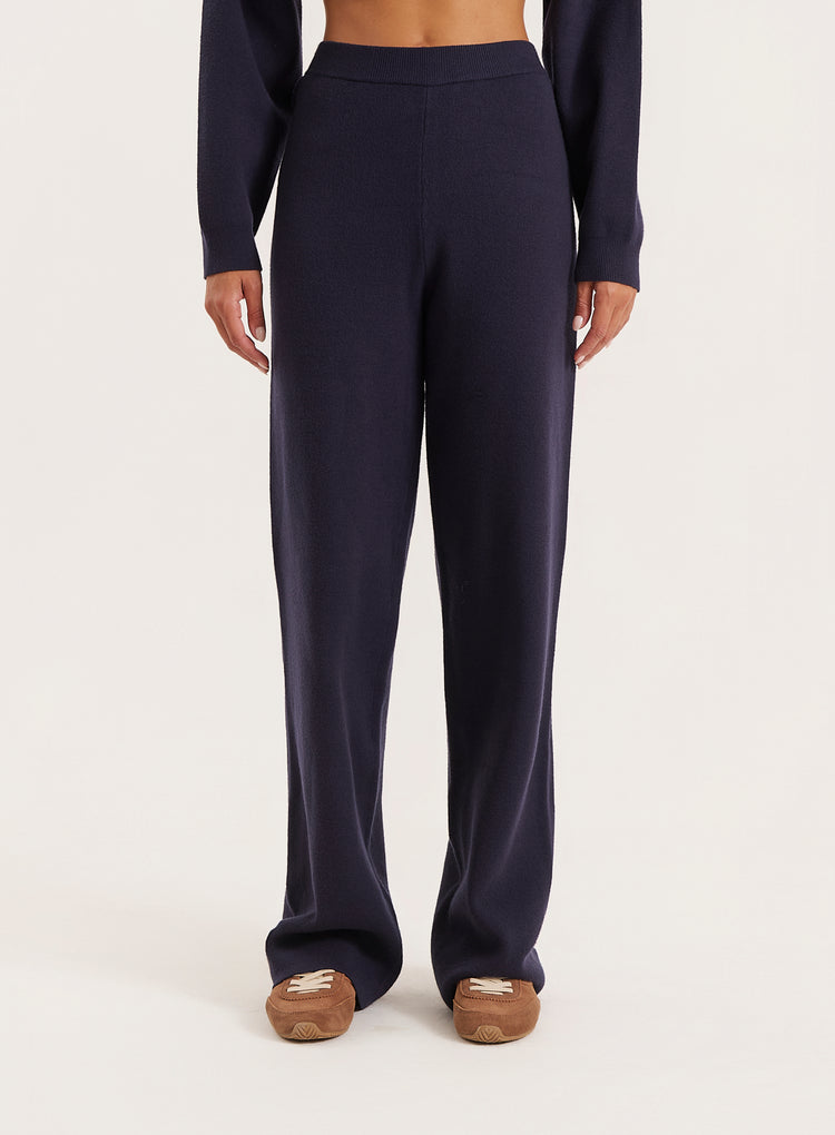Navy Knitted Straight Leg Trousers- Lauren