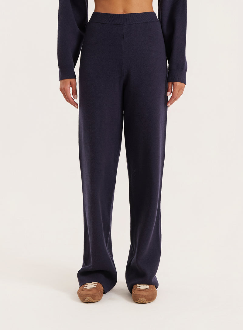 Navy Knitted Straight Leg Trousers- Lauren
