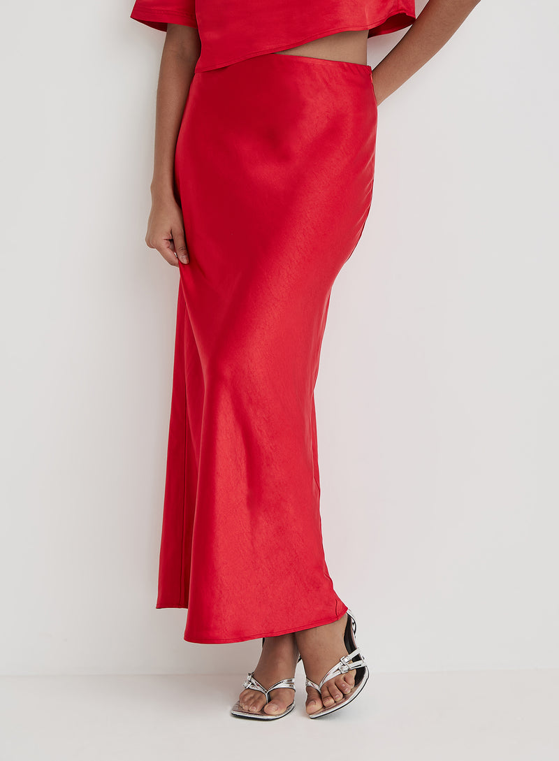 Red Satin Maxi Skirt- Dara