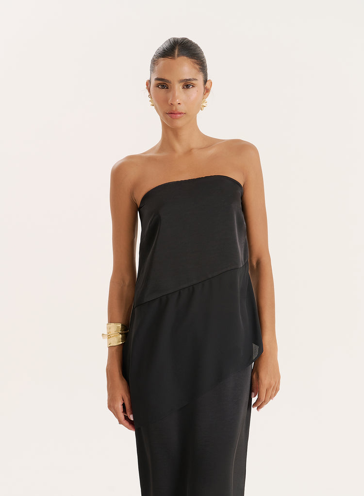 Black Satin And Chiffon Bandeau Asymmetric Top- Marcia
