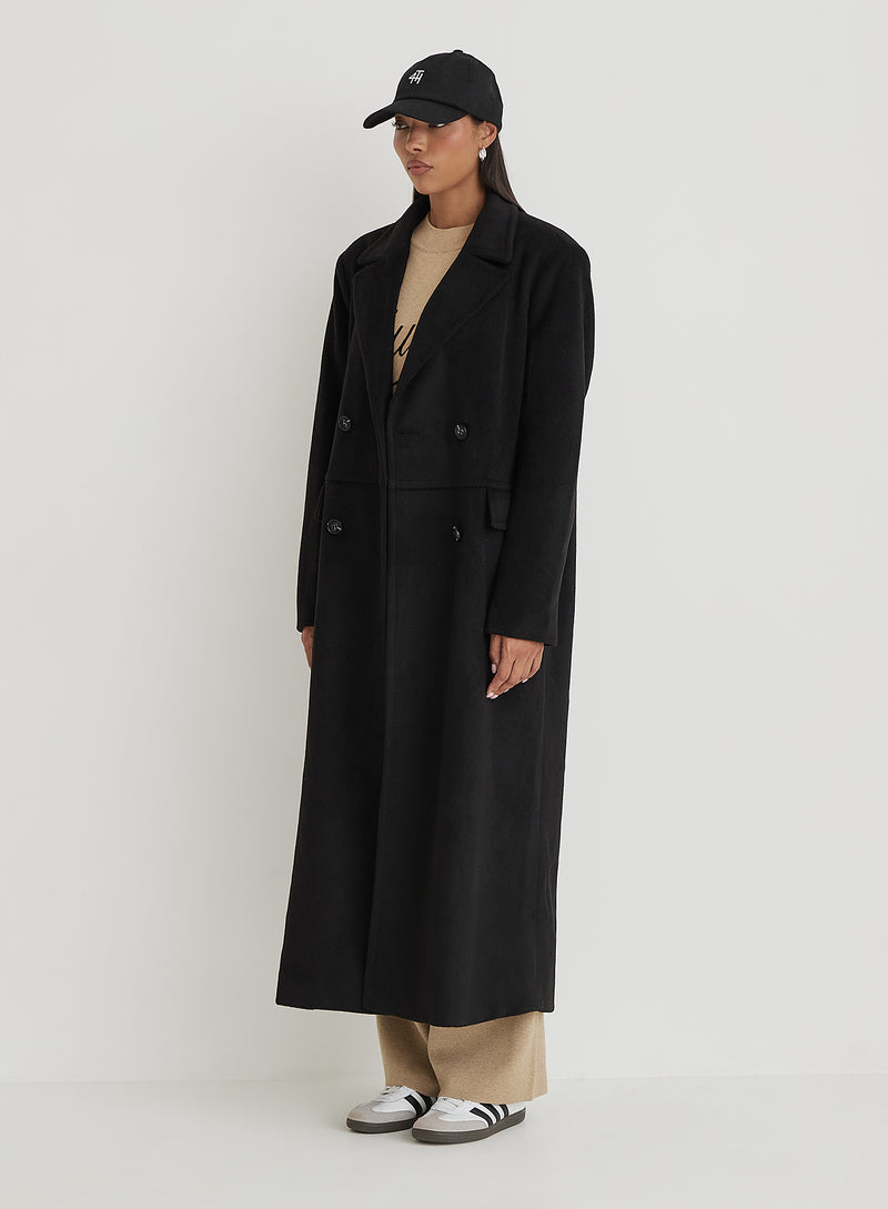 Black Tailored Maxi Coat With Scarf- Melia