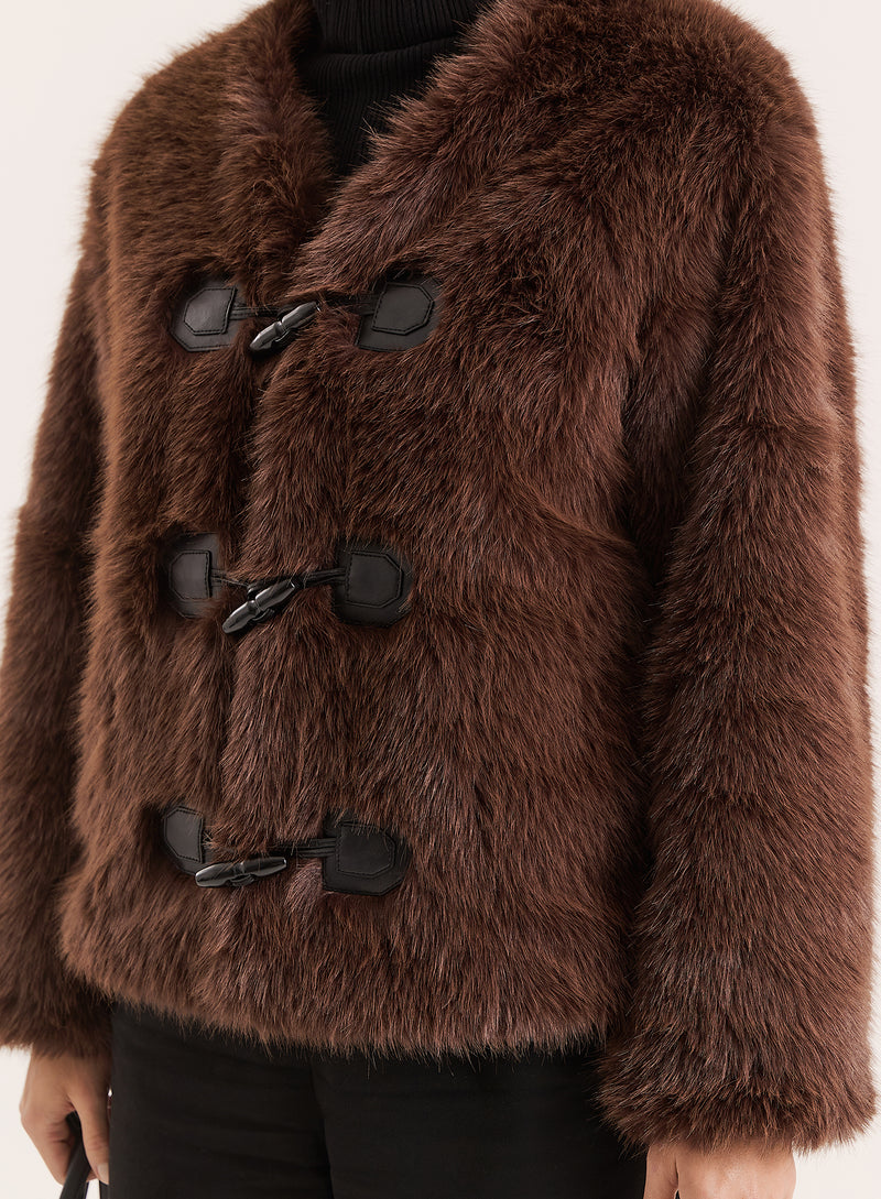 Brown Faux Fur Toggle Fastening Jacket- Jackie