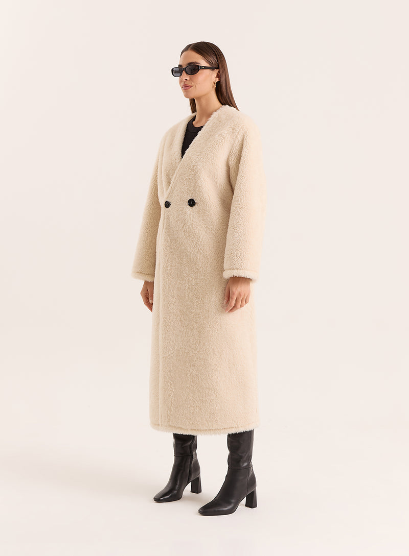 Cream Shearling Longline Buttoned Coat- Bobby