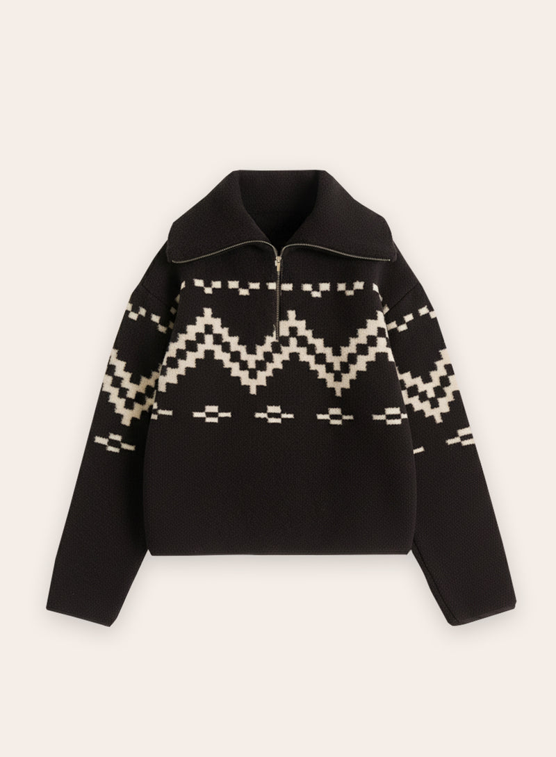 Black Half Zip Oversized Collar Fairisle Jumper
