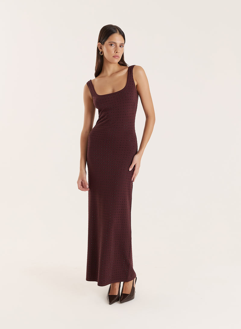Chocolate Knitted Embellished Scoop Neck Dress- Joyce