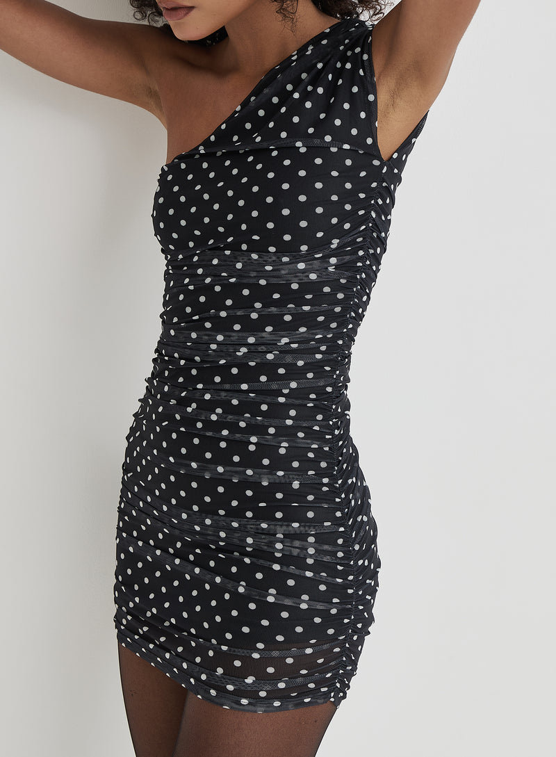 Polka Dot One Shoulder Mesh Mini Dress- Andre