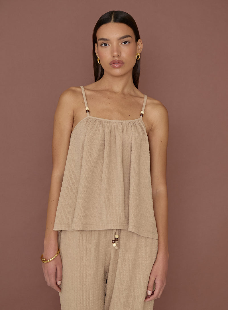 Camel Textured Beaded Cami Top- Gia