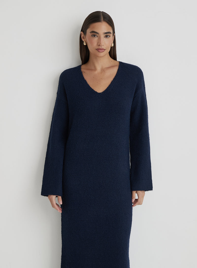 Navy V Neck Knitted Maxi Dress- Dahlia