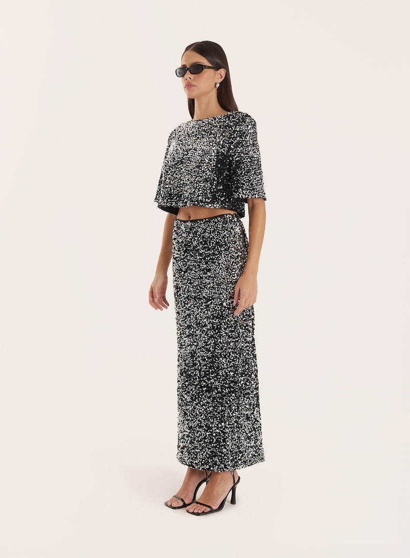 Black Sequin Boxy Crop T-shirt- Josephine