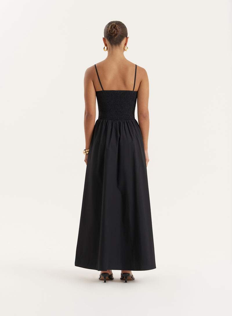 Black Shirred Cotton Maxi Dress- Milano
