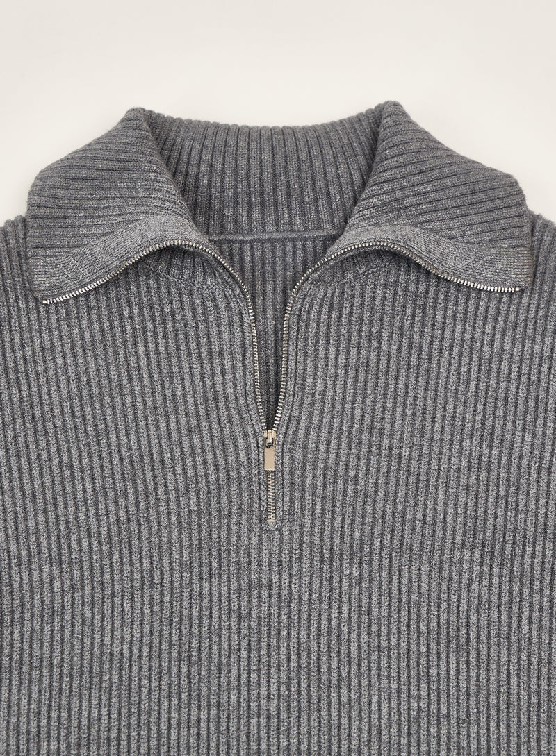 Light Grey Knitted Oversized Collar Zip Jumper