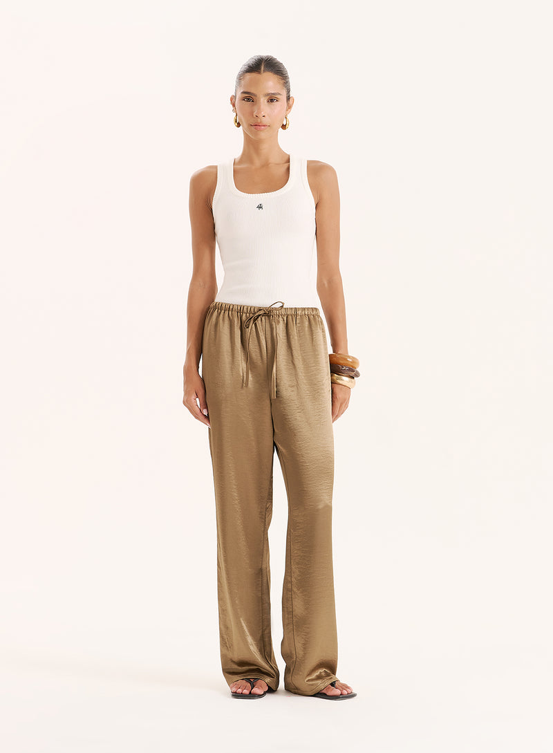 Mocha Satin Tie Waist Wide Leg Trouser- Shelby