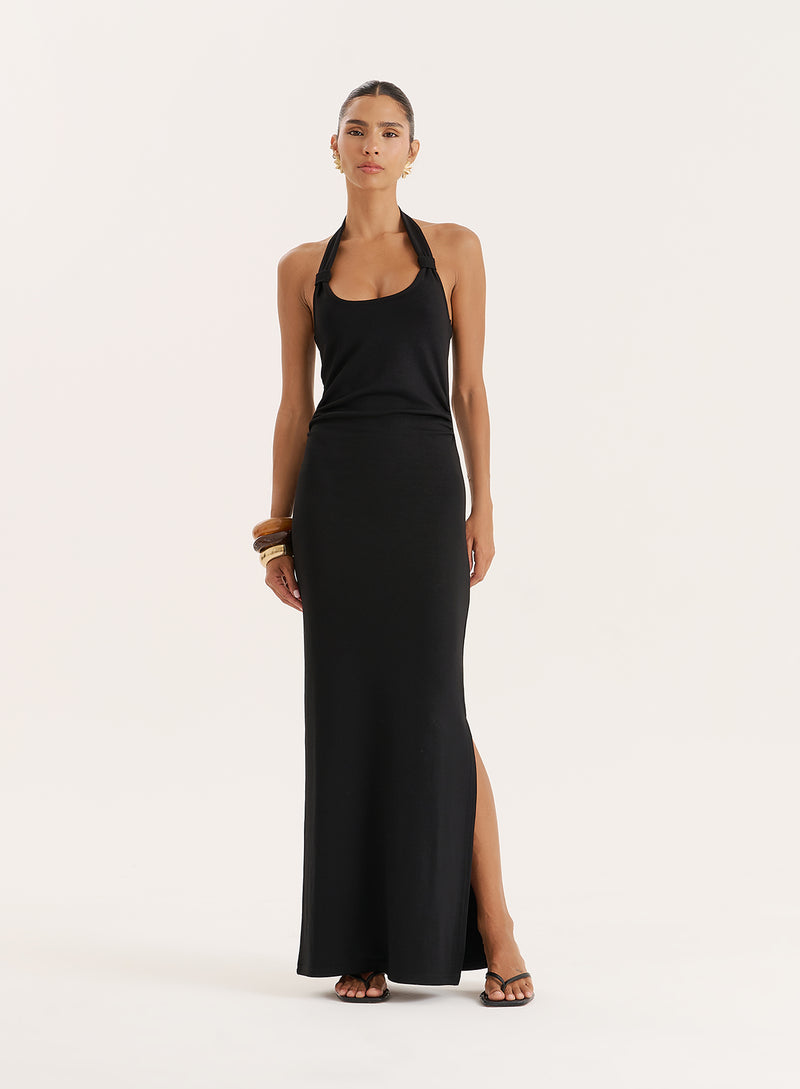 Black Knot Detail Halterneck Jersey Maxi Dress- Evie
