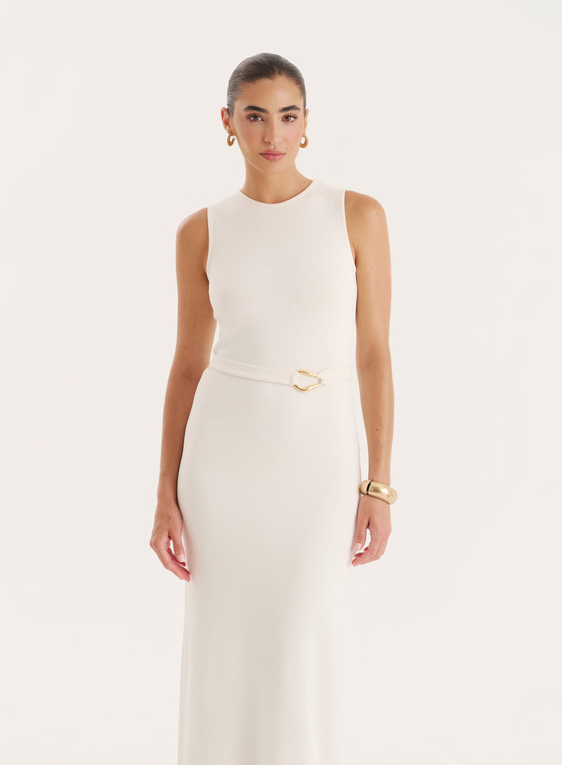 Ecru Gold Hardware Belt Detail Maxi Dress- Arden