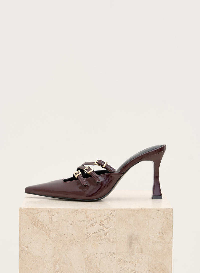 Dark Red Patent Buckle Mule - Cara