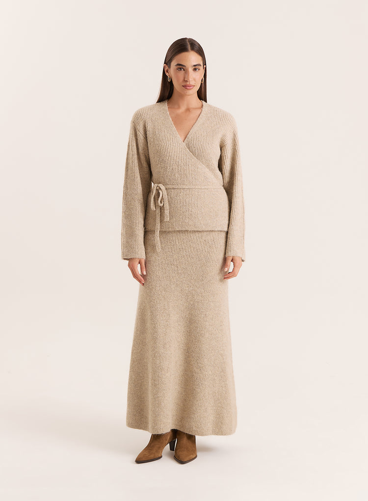 Oatmeal Knitted Tie Front Wrap Top- Adriena