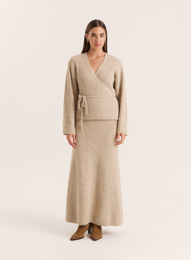 Oatmeal Knitted Tie Front Wrap Top- Adriena