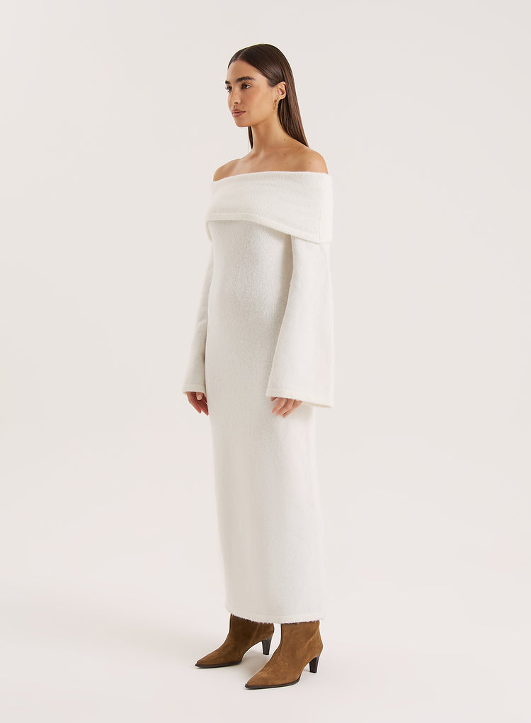 Cream Off Shoulder Knitted Maxi Dress- Sable