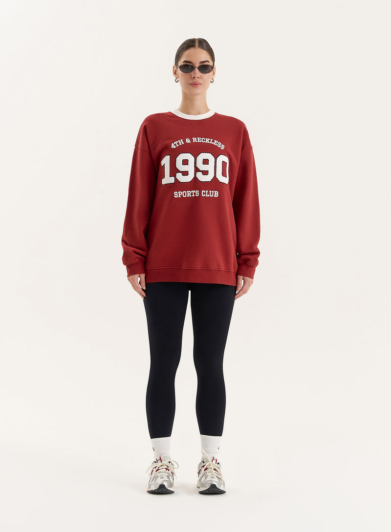 Red Contrast Trim Slogan Classic Longline Sweatshirt- Atlas