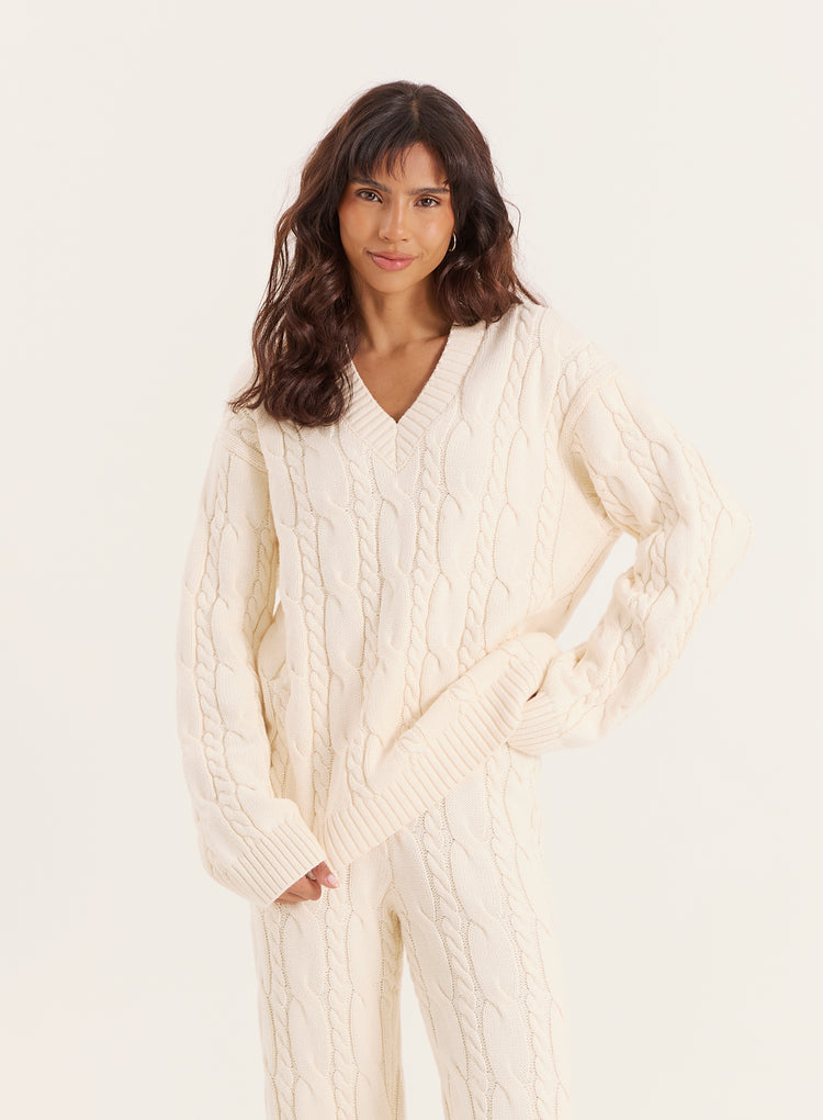 Cream Cable Knit V Neck Jumper- Jordan
