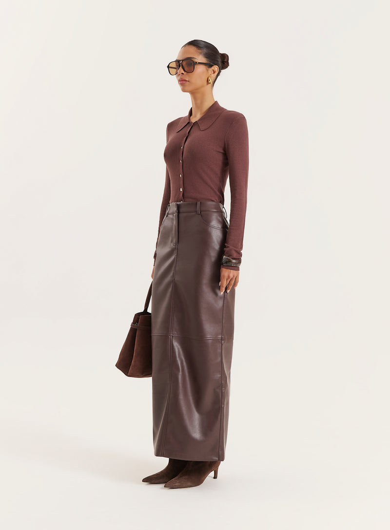 Chocolate Tailored PU Maxi Skirt- Carys