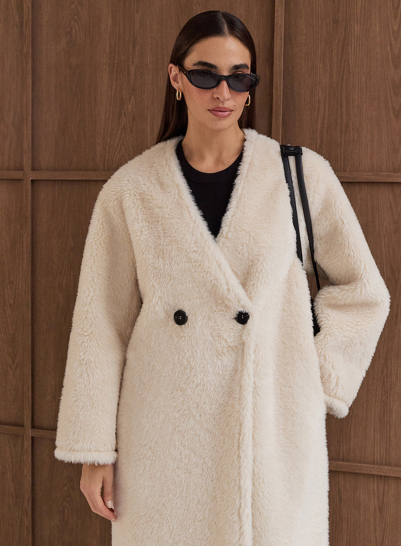 Cream Shearling Longline Buttoned Coat- Bobby